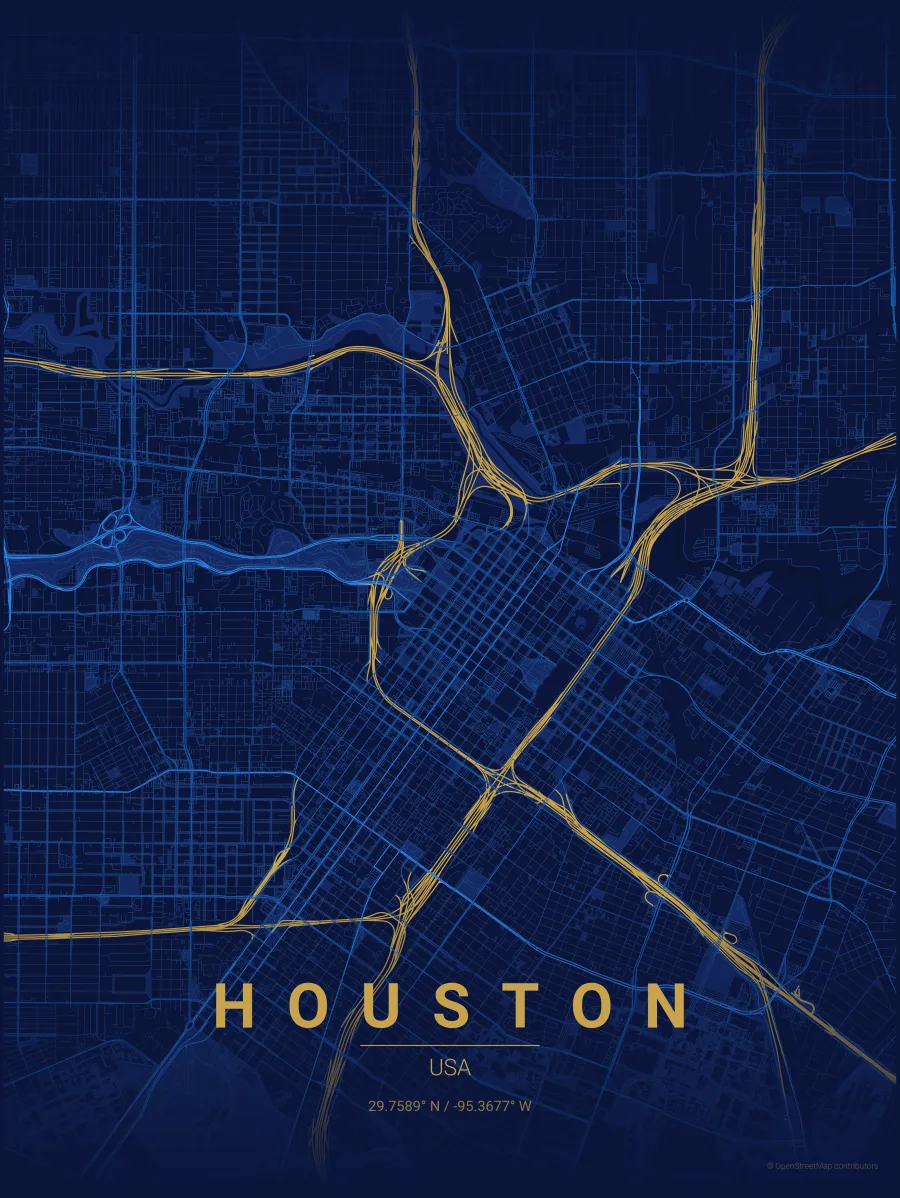 Stylized navy-and-gold street map of Houston, Texas — eInsurancePlace service area
